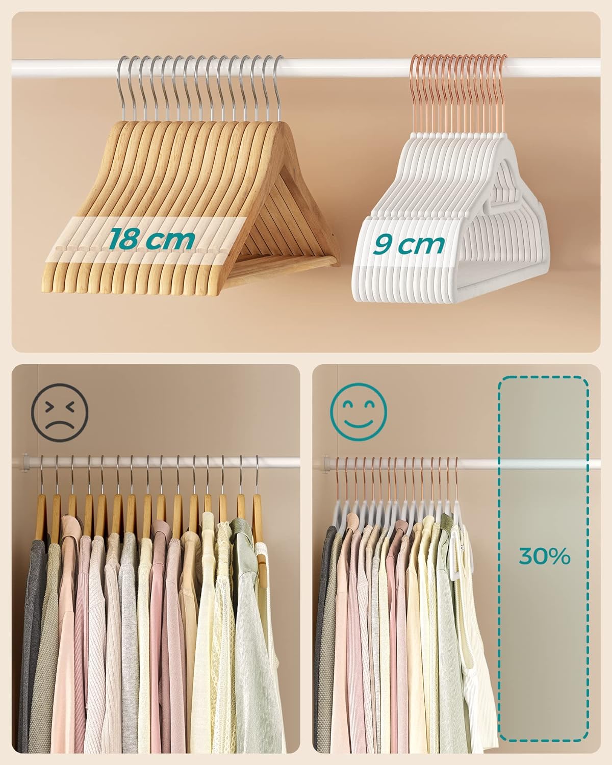 SONGMICS Set de 50 de umerase pentru haine, anti-alunecare cu catifea, bara de cravata si carlig pivotant, 43,5 cm, alb