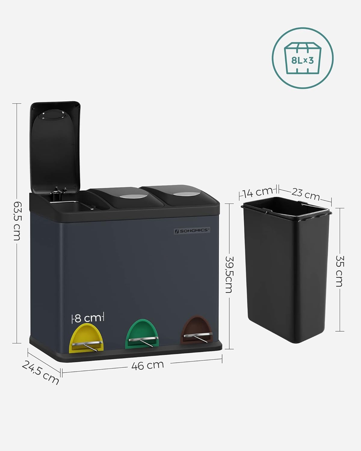 SONGMICS Cos de gunoi din otel cu 3 compartimente colectare selectiva, cu galeti interioare, 3x8litri, negru