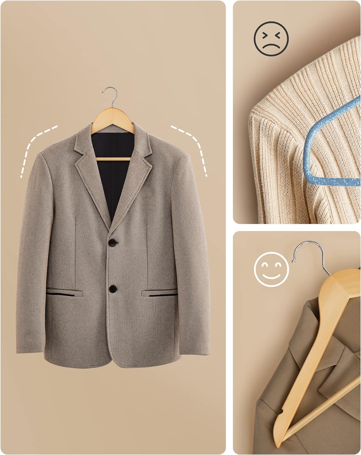 SONGMICS Set de 20 umerase din lemn, cu bara anti-alunecare pentru pantaloni, carlig pivotant la 360°, 45cm, natur