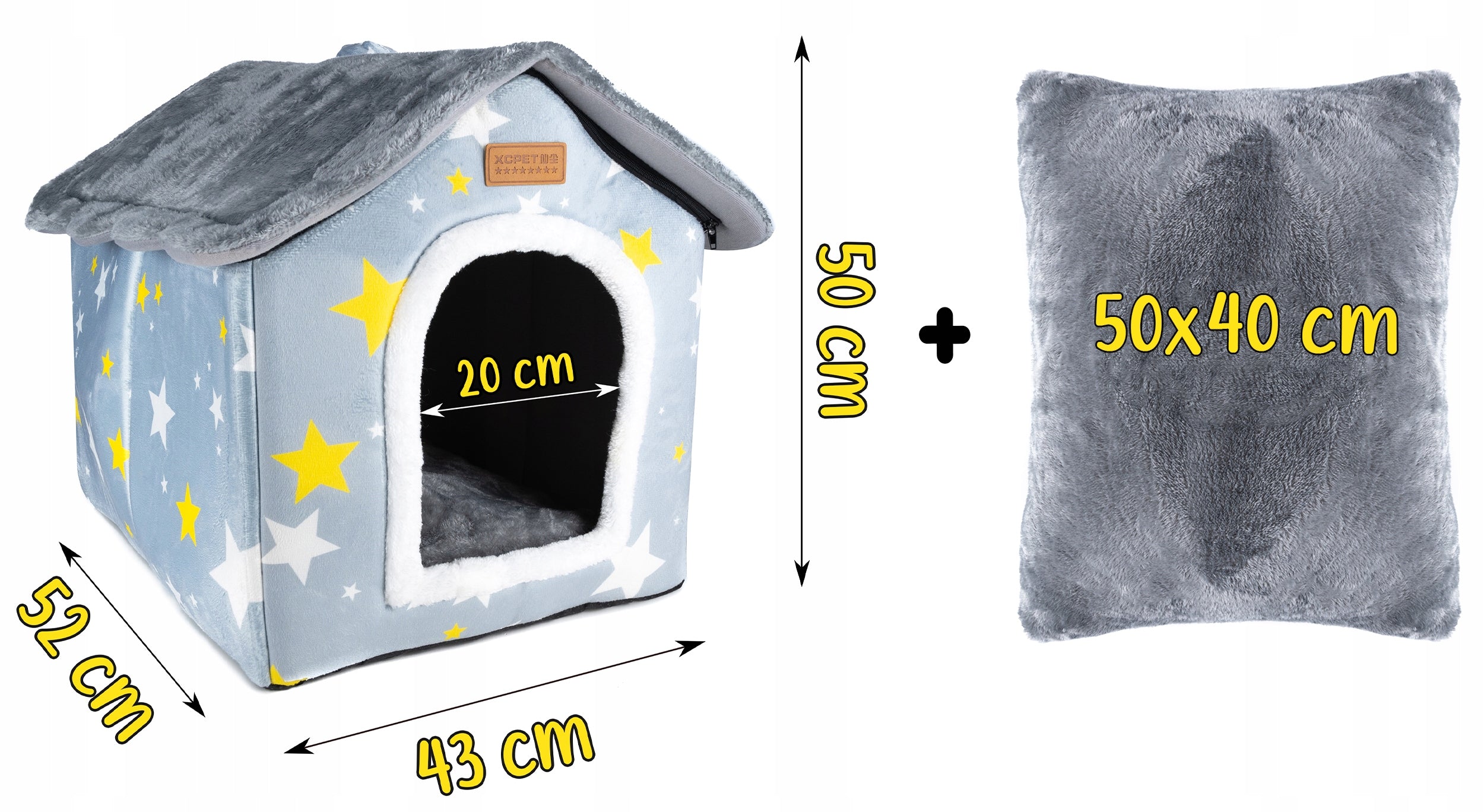 Cusca pentru pisici sau caini de talie mica, pentru interior, din catifea si bumbac, perna inclusa, 52x43x50cm