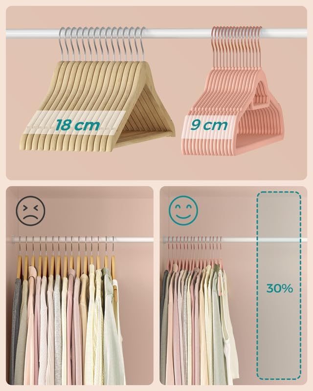 SONGMICS Set de 50 de umerase pentru haine, anti-alunecare cu catifea, bara de cravata si carlig pivotant, 43,5 cm, roz