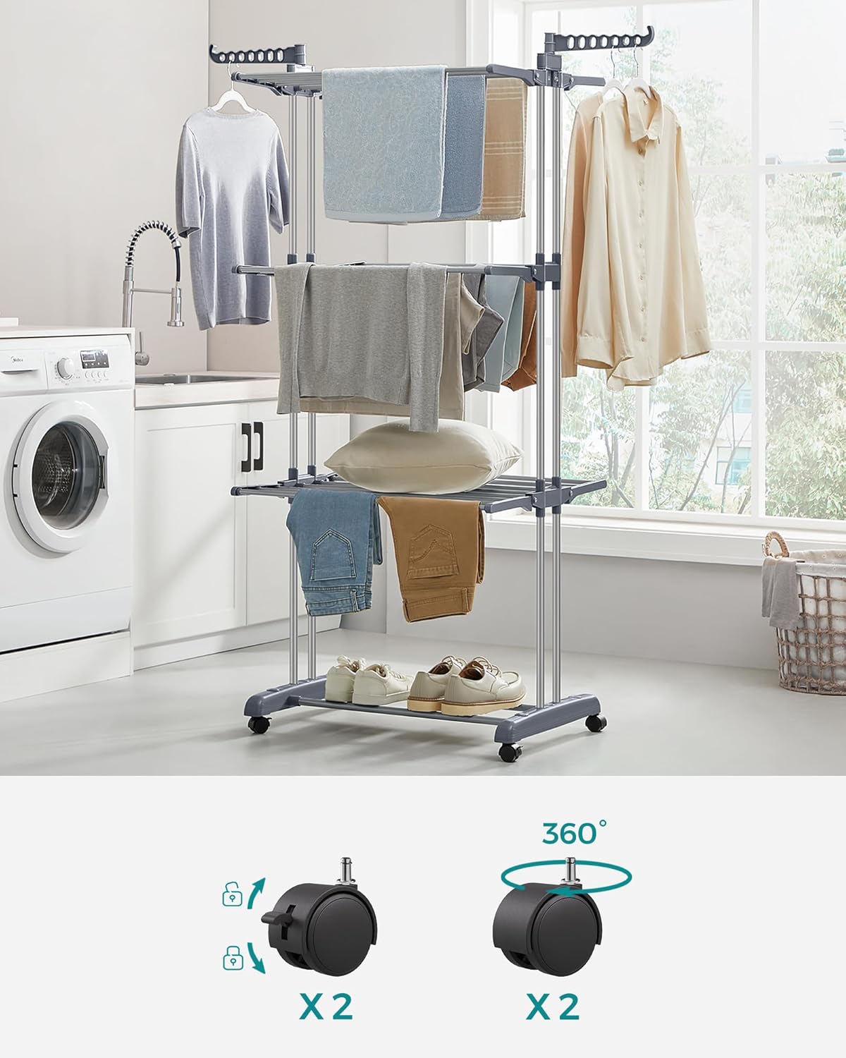 SONGMICS Uscator vertical pentru rufe, mobil si pliabil, cu doua umerase, 64x126x172 cm, sarcina 35kg
