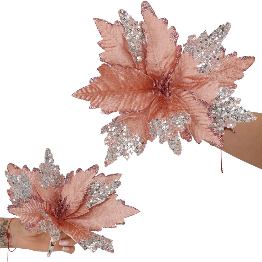 Set 5 ornamente pentru bradul de Craciun, stea Poinsettia, 26cm, roz argintiu