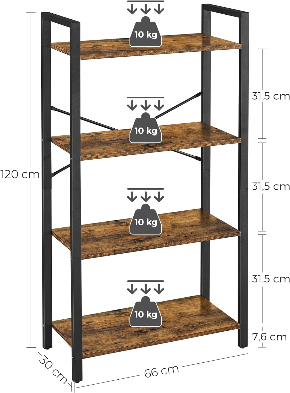 VASAGLE Biblioteca cu 4 etaje din lemn, cadru otel, stil industrial, 66x30x120cm, maro rustic - 5