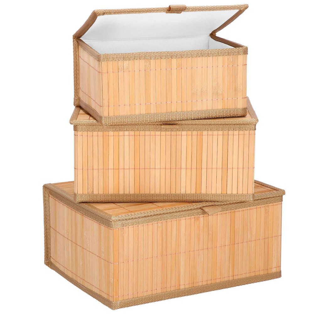 Set 3 cutii organizatoare din bambus, cu capac, diverse dimensiuni, maro