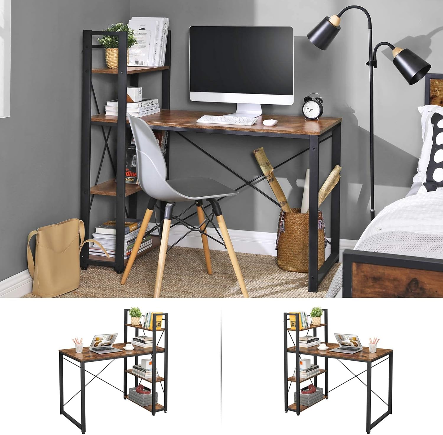 VASAGLE Birou cu raft lateral, montare stanga sau dreapta, industrial, 56x120x120 cm, maro