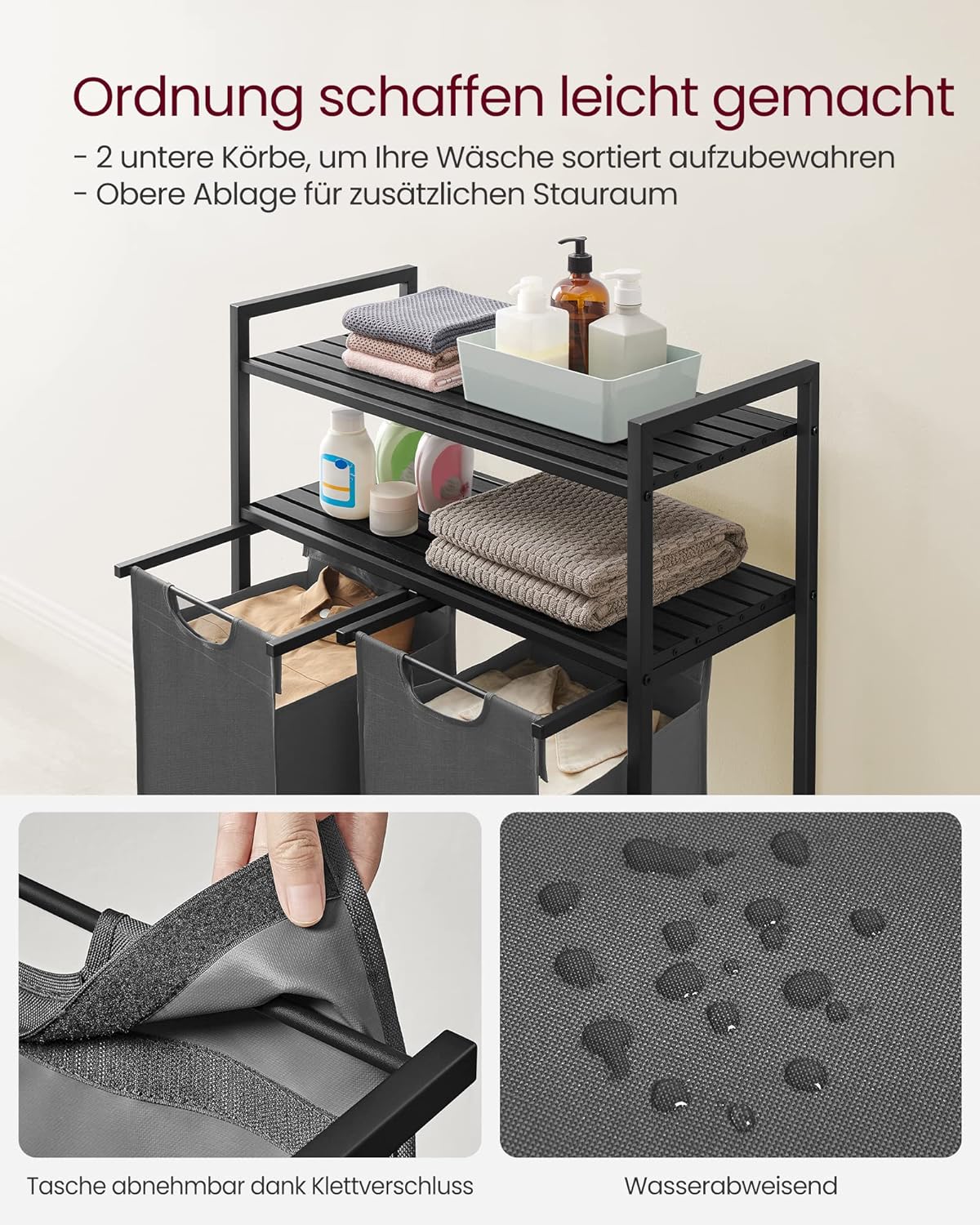 VASAGLE Cos de rufe, cu 2 saci detasabili, 2 rafturi, capacitate de 46L per sac, 73x33x92cm , negru si gri