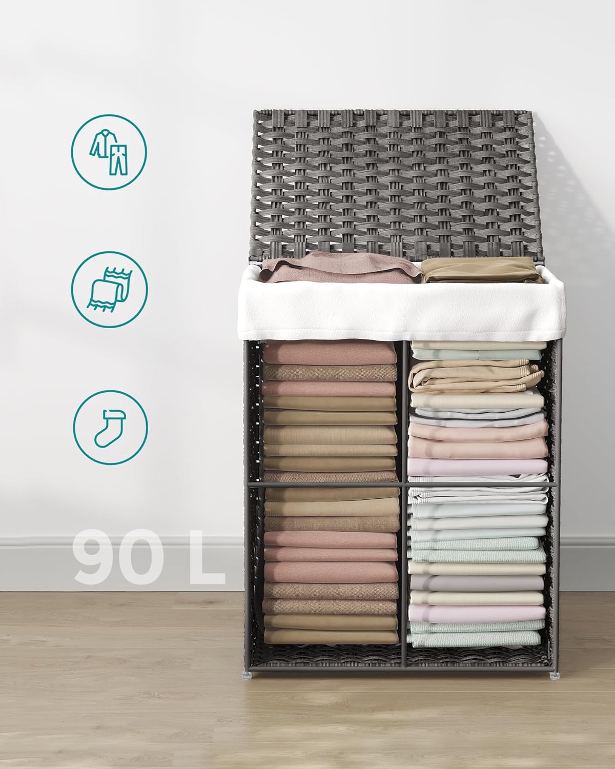 SONGMICS Cos de rufe din ratan sintetic cu capac, sac detasabil, volum 90L, 46x33x60cm, gri