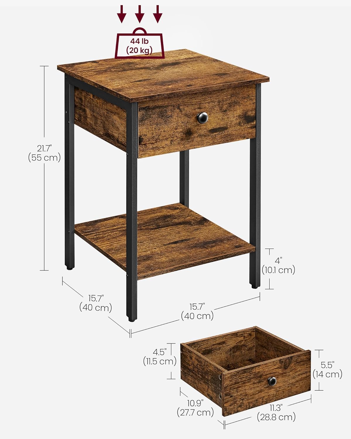 VASAGLE Noptiera din lemn cu cadru din otel, 1 sertar si 1 raft, 40x40x55, maro rustic si negru