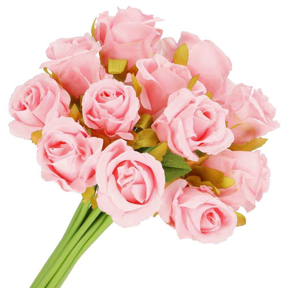 Buchet de flori artificiale din poliester, 12 fire trandafiri, 26cm, roz