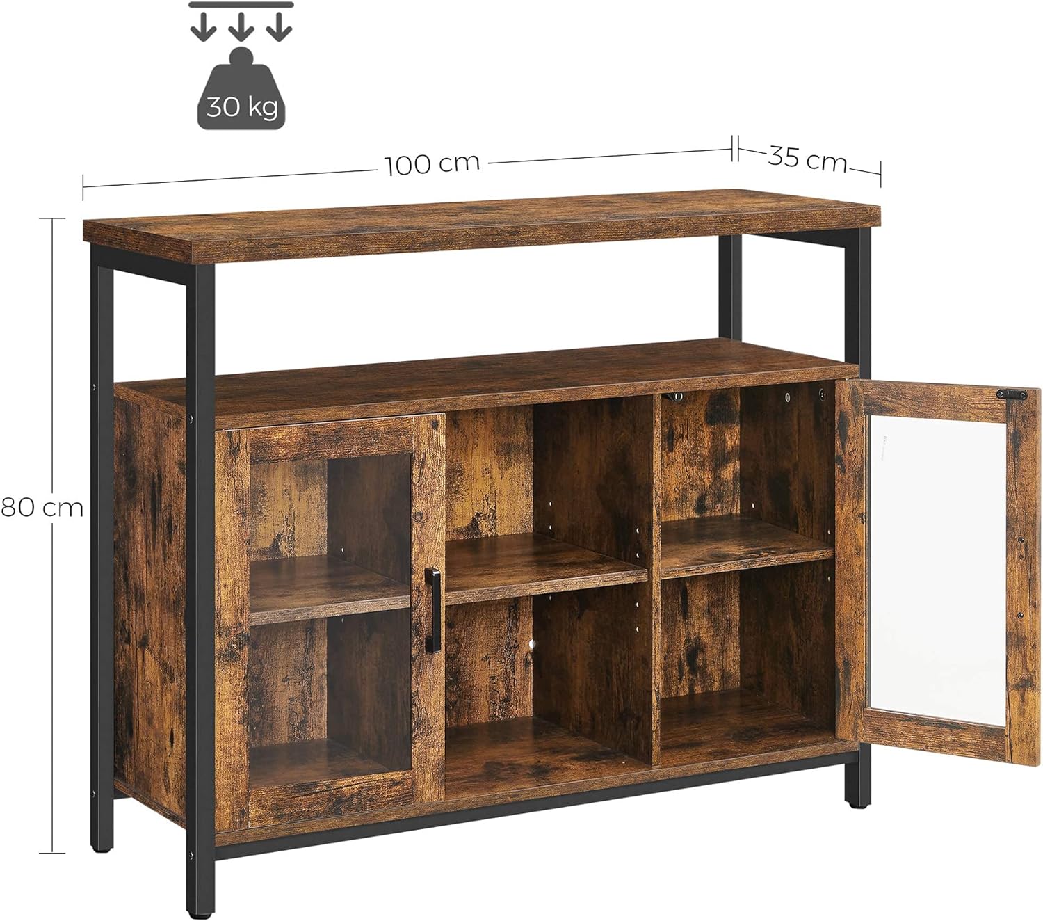 VASAGLE Comoda tip bufet, cu 2 usi cu sticla, rafuri reglabile, stil industrial, 100x35x80cm, maro rustic