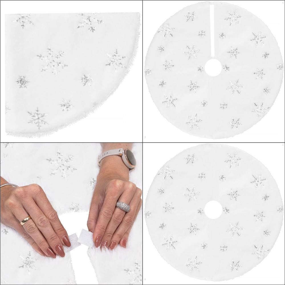 Covoras de pus sub bradul de Craciun, 90 cm, imitatie blana alba cu paiete argintii