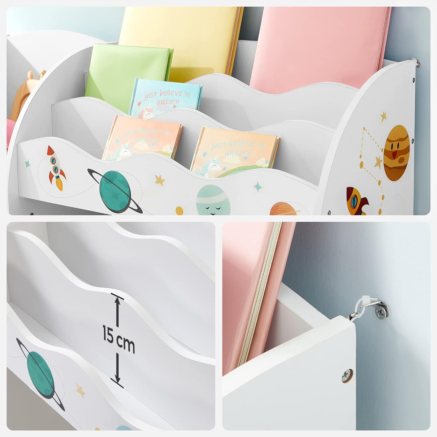 SONGMICS Organizator de jucarii si carti pentru copii, multifunctional cu 2 cutii de depozitare, 93x30x100cm, alb