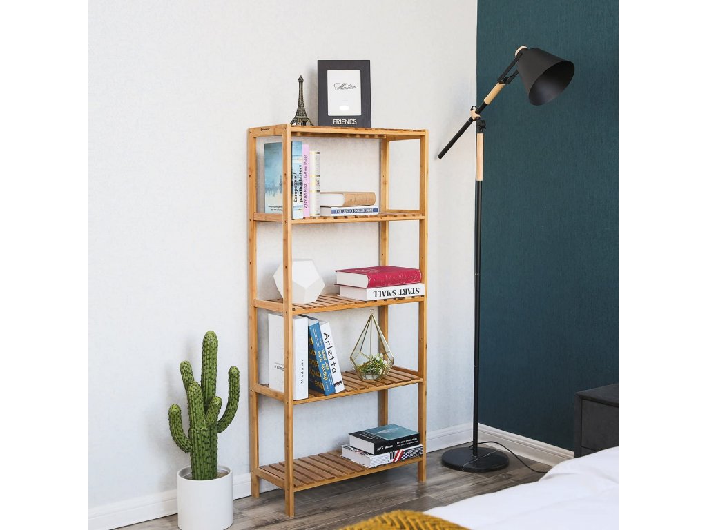 SONGMICS Raft de depozitare din bambus, 5 polite, pentru bucatarie sau baie, 130x60x26cm, maro natural