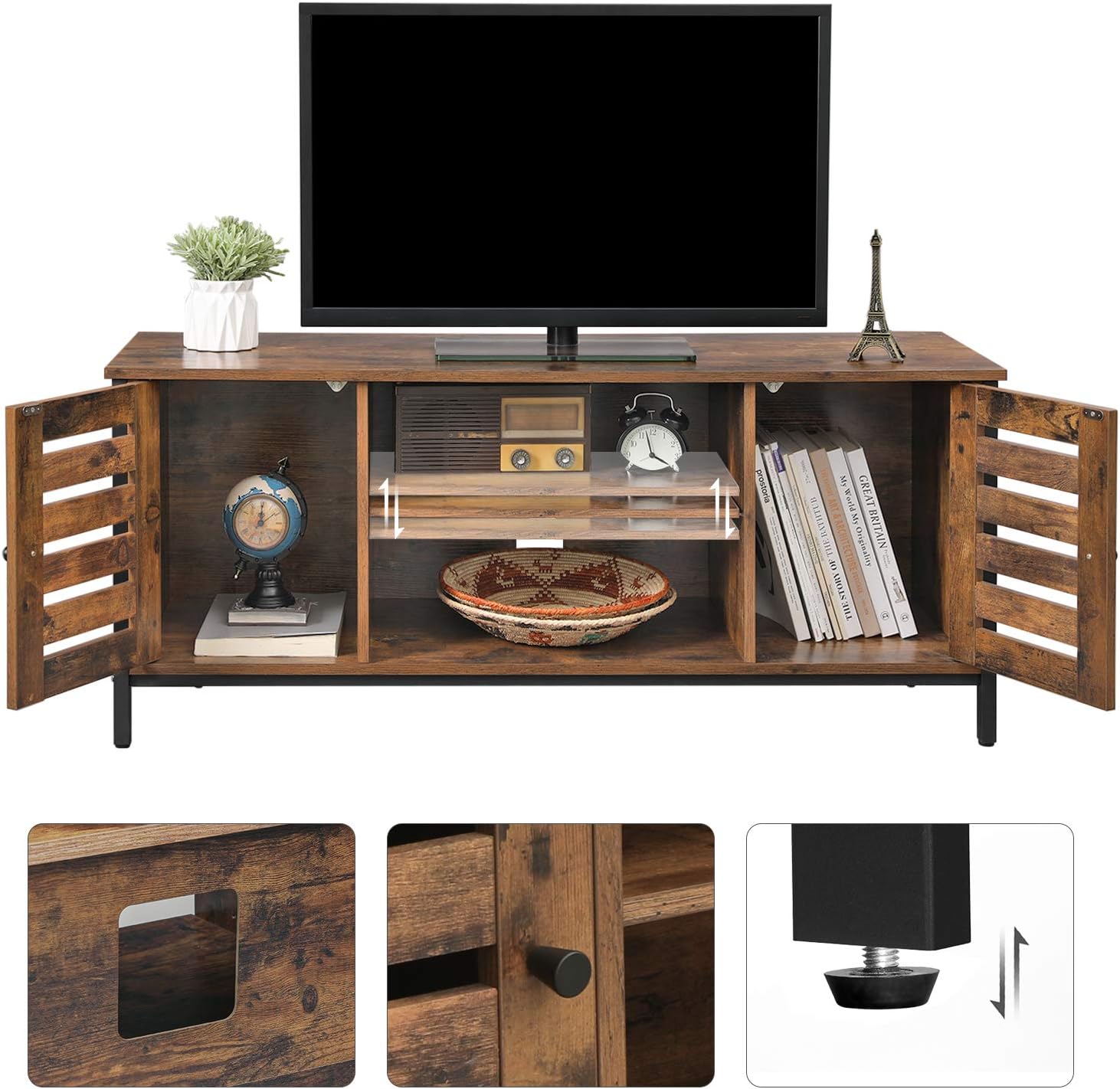Comoda joasa pentru suport TV, cu rafturi si 2 spatii de depozitare cu usa, stil industrial, 110x40x50cm, maro rustic si negru