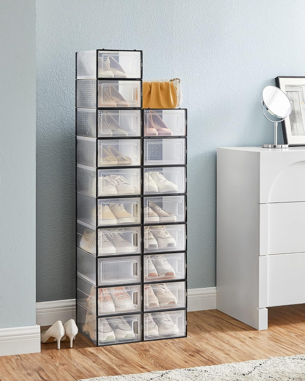 Cutii de pantofi, set de 18 organizatoare stivuibile, structura rezistenta ABS, 34x23x14cm, transparent si negru