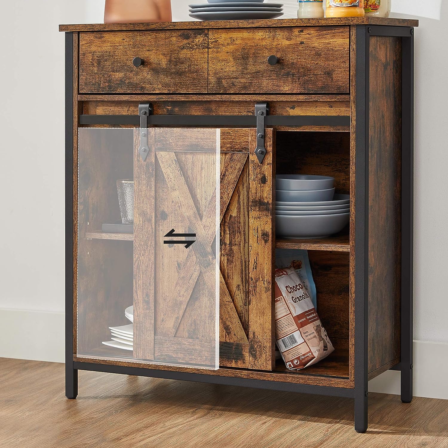 Comoda pentru living sau bucatarie, cu 2 sertare si usa glisanta, rafturi reglabile, stil rustic, 30x70x80cm, maro si negru