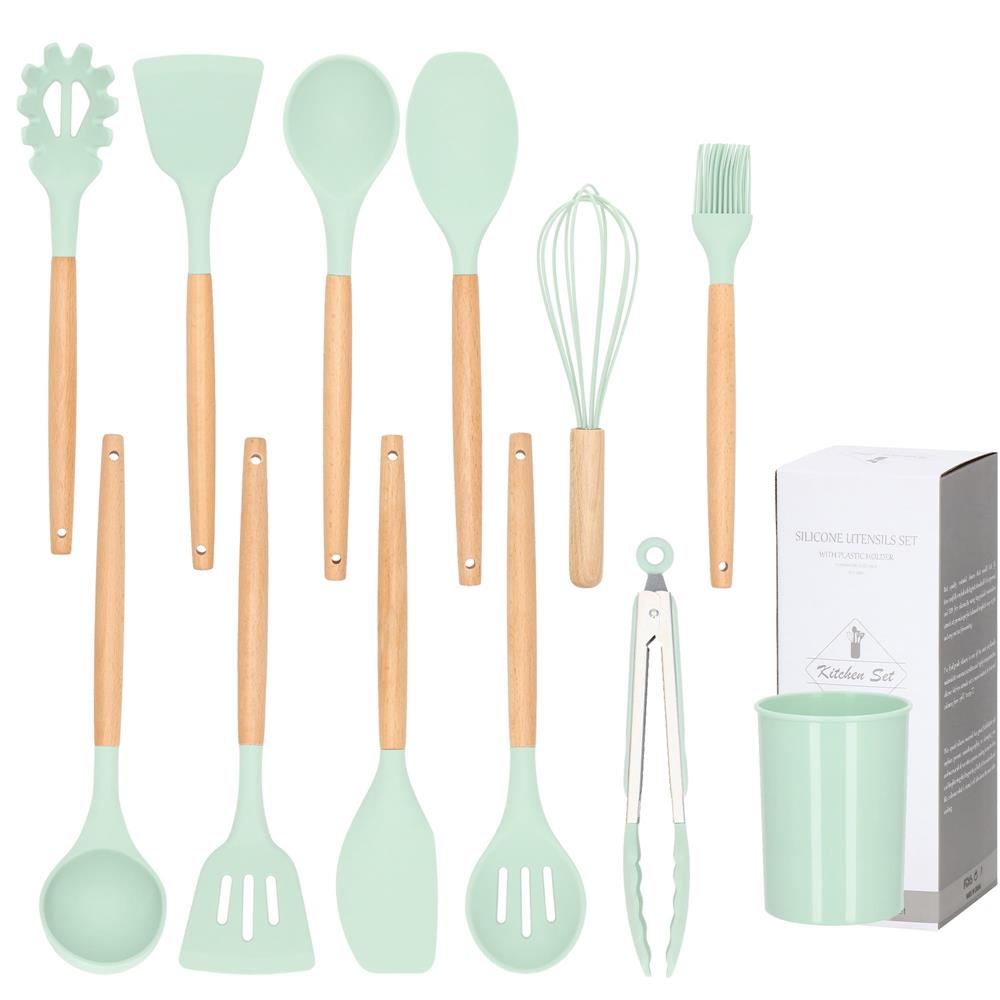 Set Sersimo 12 ustensile de bucatarie din silicon termorezistent si maner din bambus, verde deschis