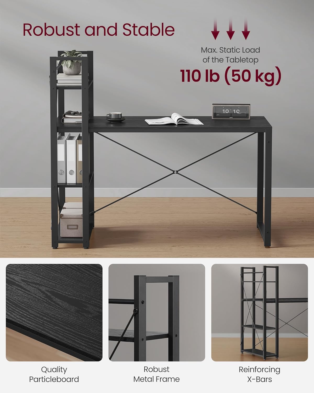 VASAGLE Birou cu raft lateral, montare stanga sau dreapta, industrial, 60x132x119 cm, negru - 5