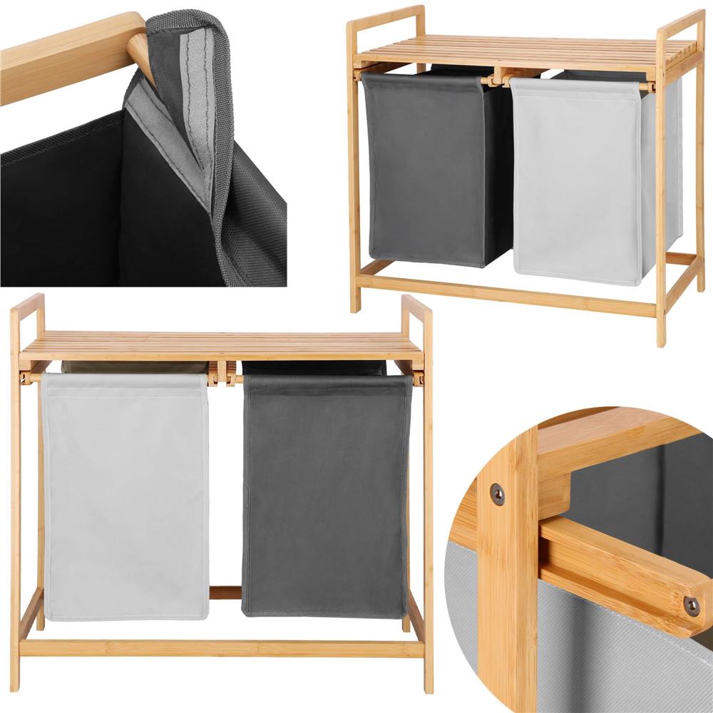 Cos de rufe din bambus, cu 2 saci detasabili, raft superior, capacitate de 40L per sac, 67x36x70cm, maro