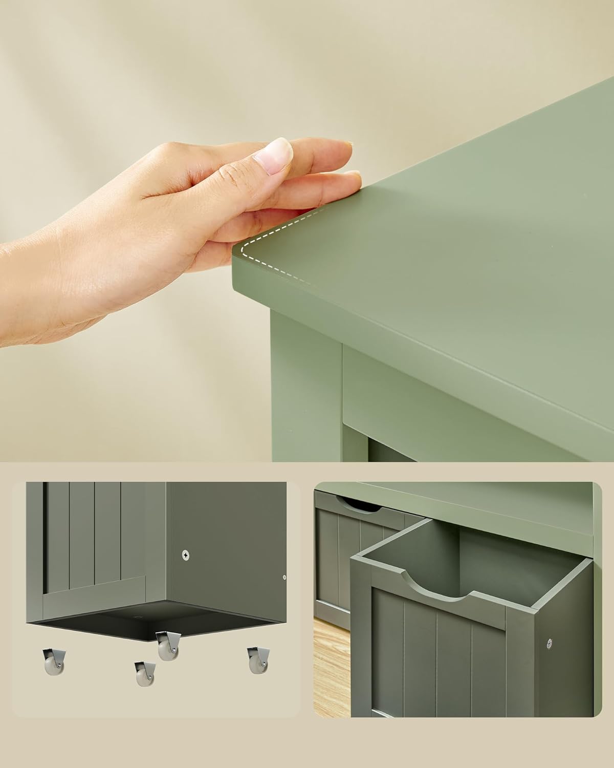 VASAGLE Dulap depozitare jucarii, din MDF, cu 3 compartimente detasabile pe roti, 30x102x60 cm, verde