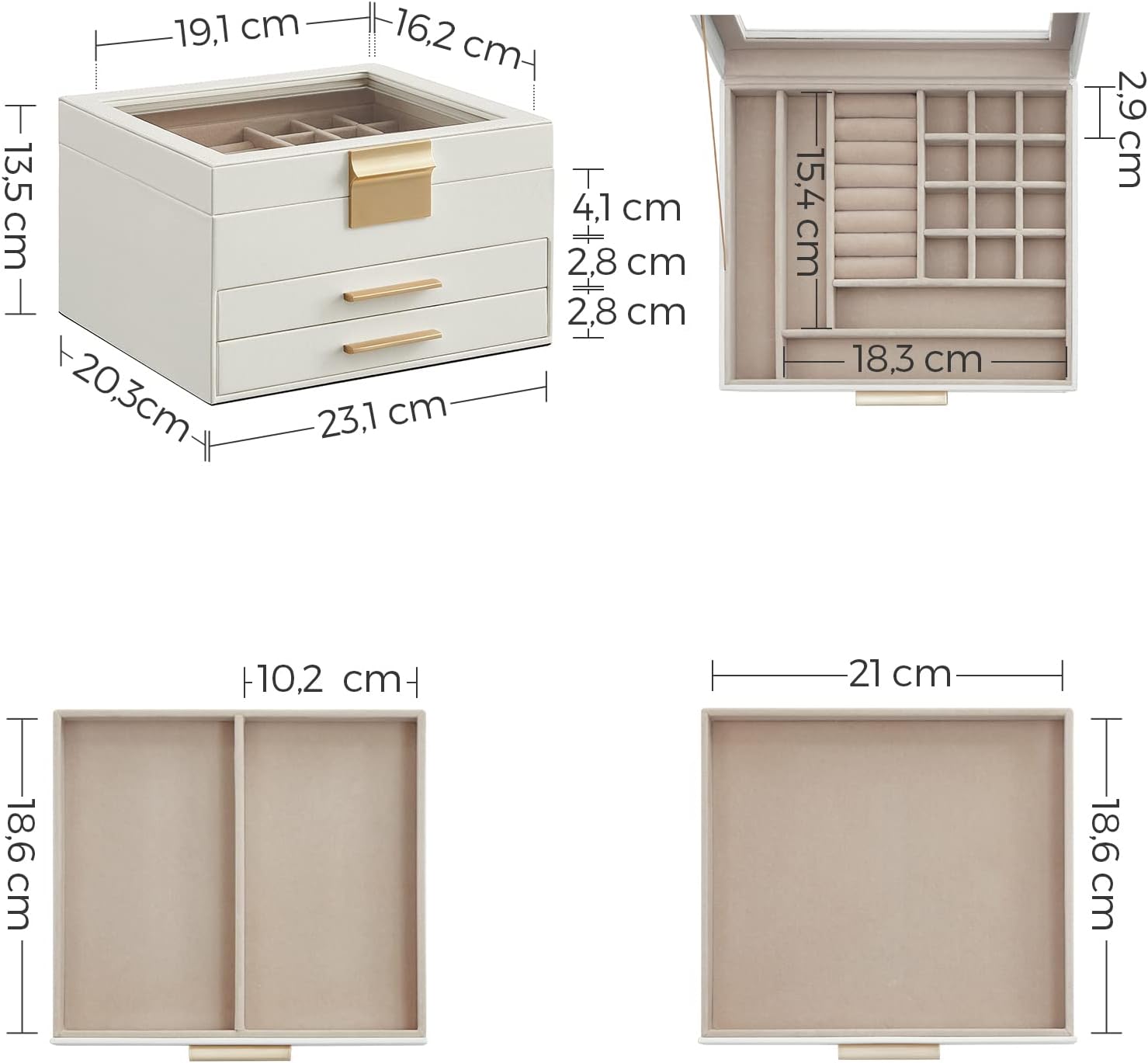 Cutie de bijuterii cu 3 nivele, 2 sertare, capac din sticla, 20x23x14cm, alb si auriu