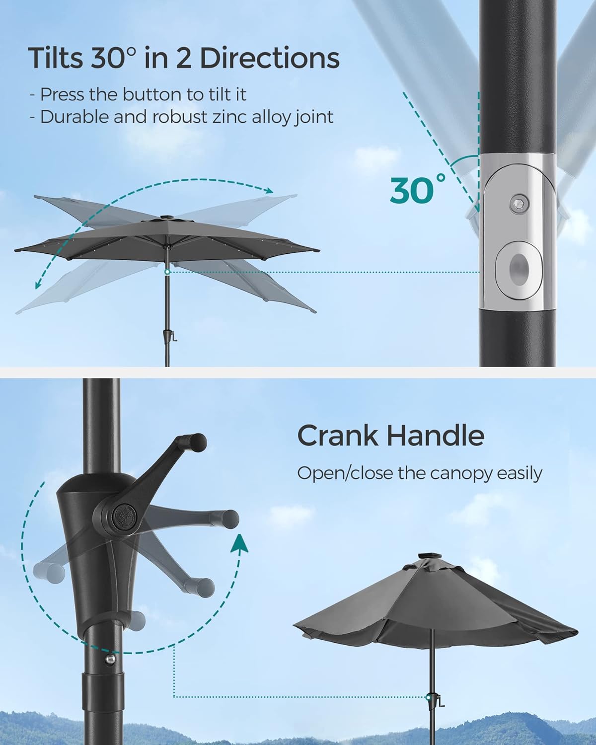 SONGMICS Umbrela de gradina, iluminare LED solara, cu manivela pentru deschidere, sistem inclinare, 300cm, gri - 5