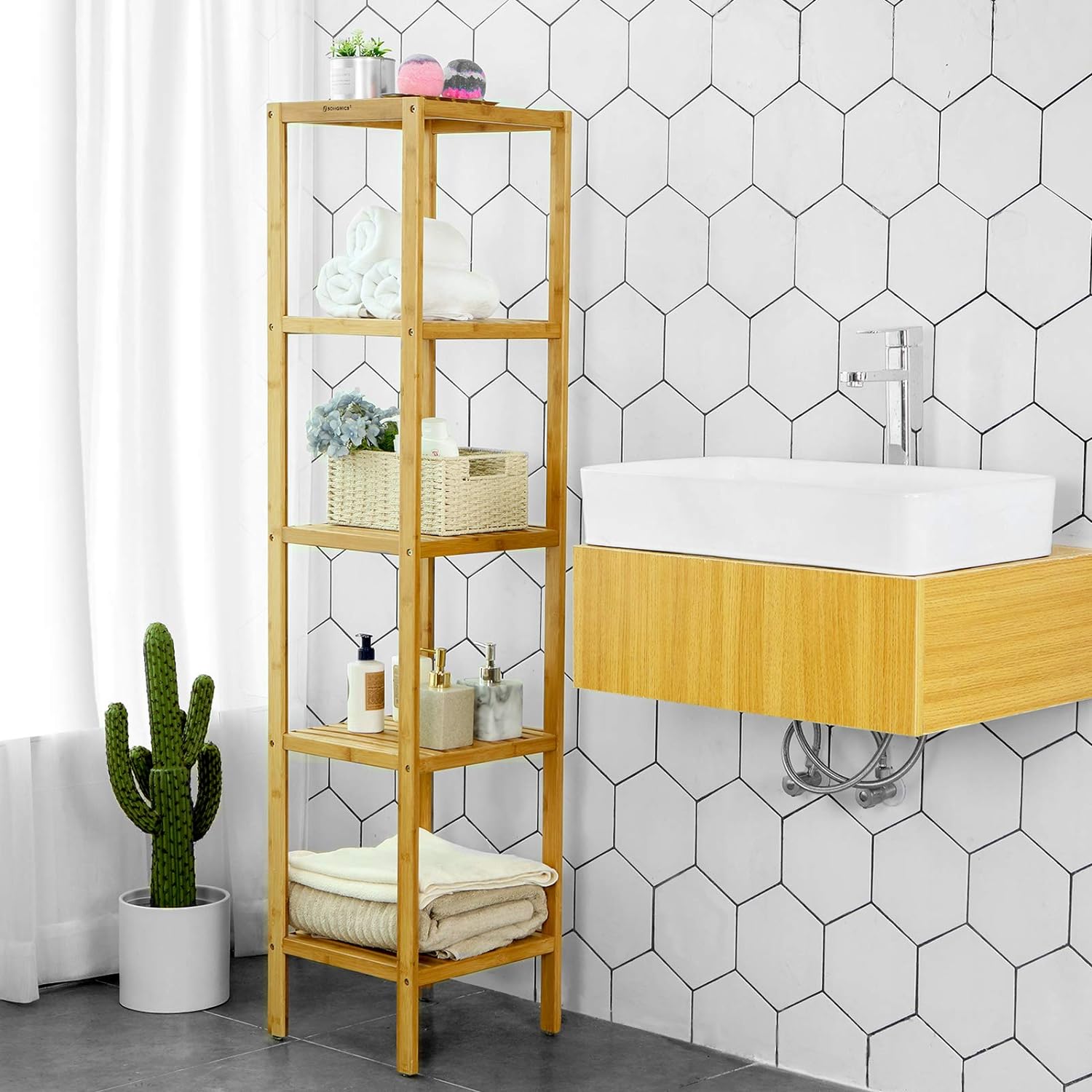 SONGMICS Raft de depozitare din bambus, 5 polite, pentru bucatarie sau baie, 146x33x33cm, maro natural