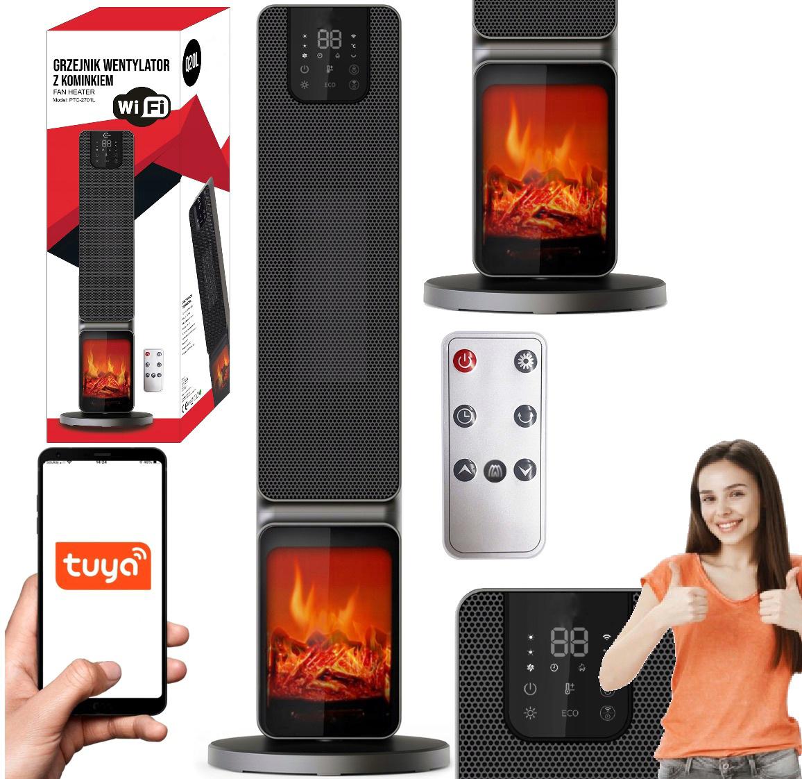 Semineu electric, 2000W, 2 trepte, cu termostat si telecomanda, timer, dispay LED, WiFi