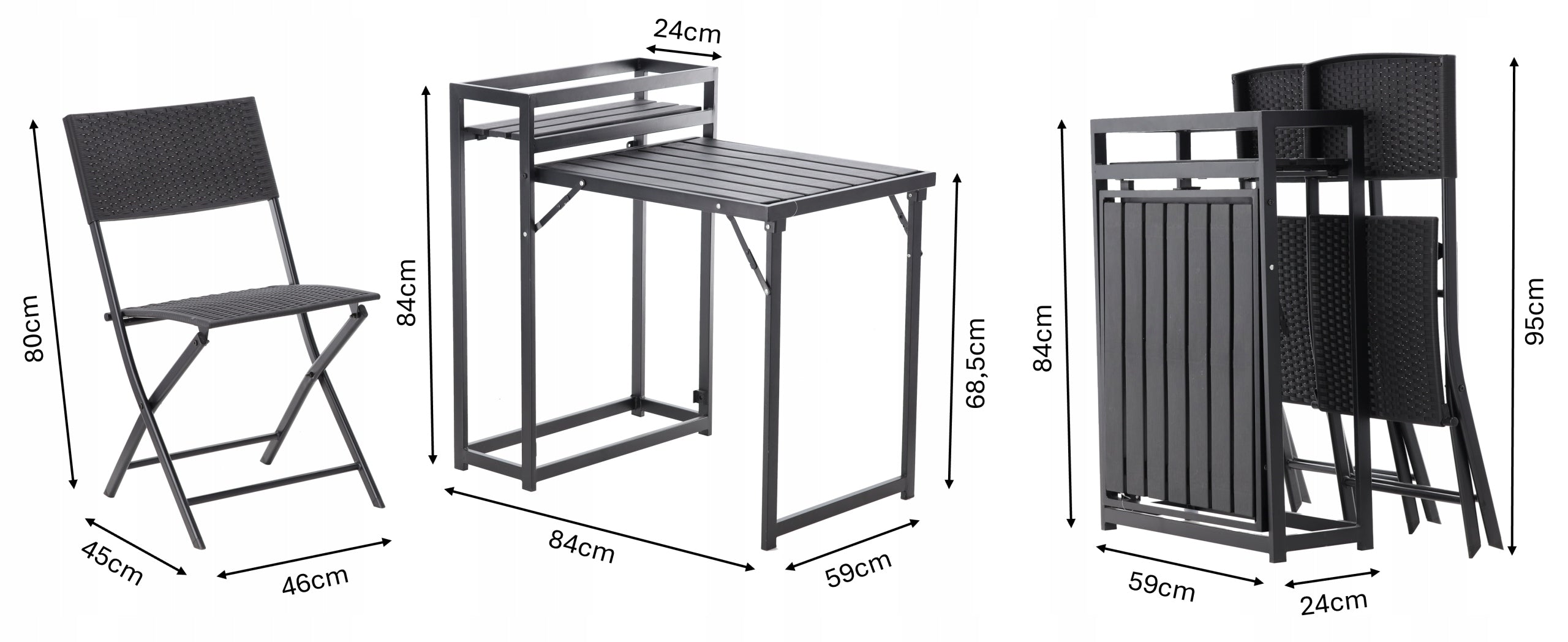 Set mobilier pentru balcon, pliabil, masa si 2 scaune, negru