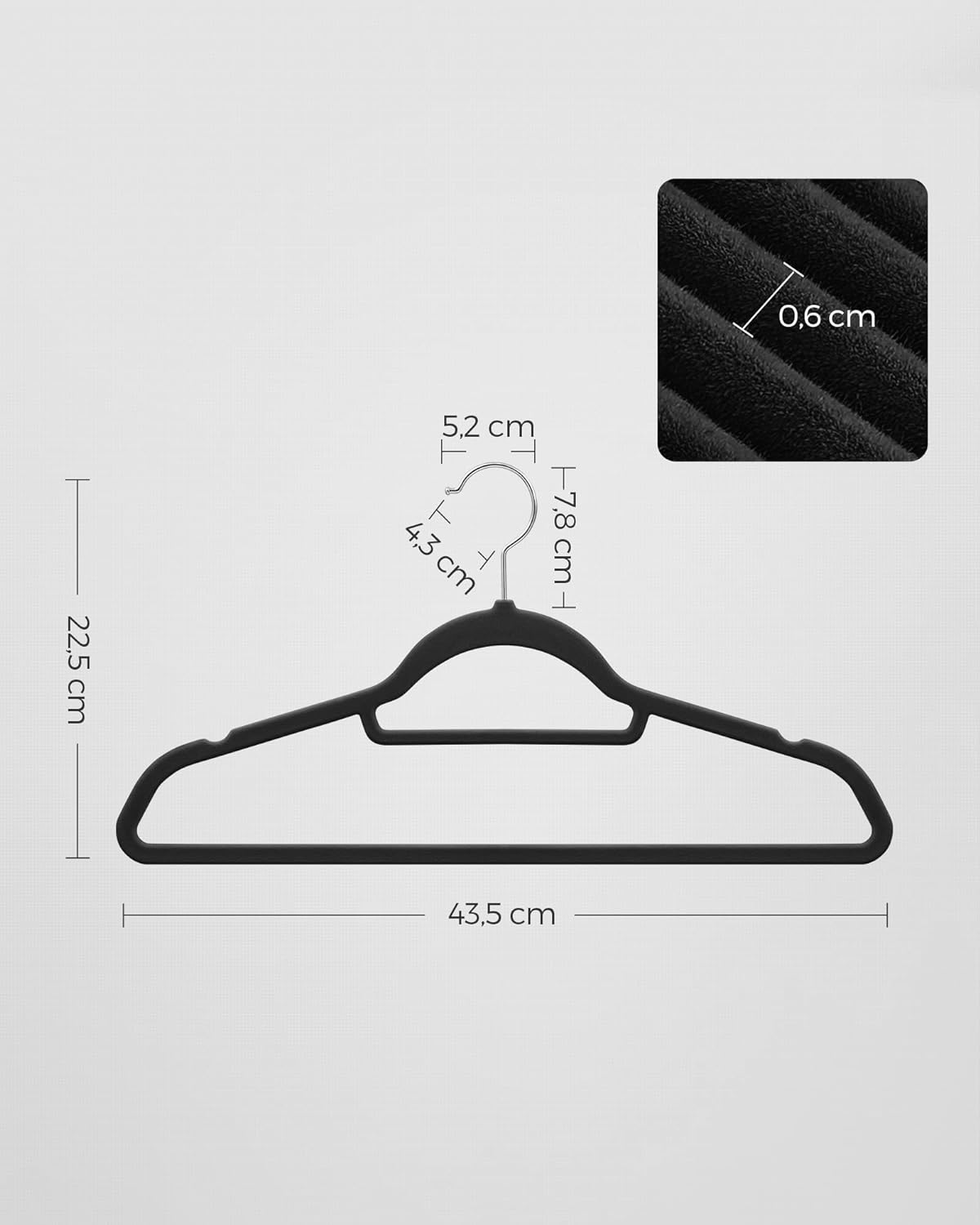 SONGMICS Set de 50 de umerase pentru haine, anti-alunecare cu catifea, bara de cravata si carlig pivotant, 43,5 cm, negru