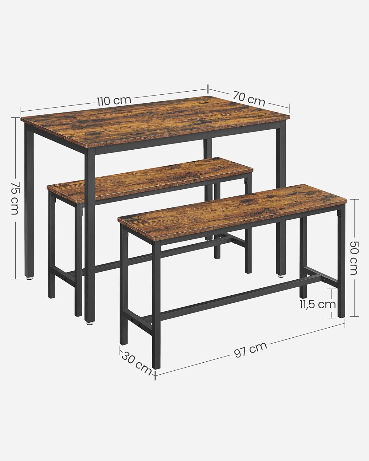 VASAGLE Masa de bar cu 2 banci, design industrial, 110x70x75 cm, maro rustic