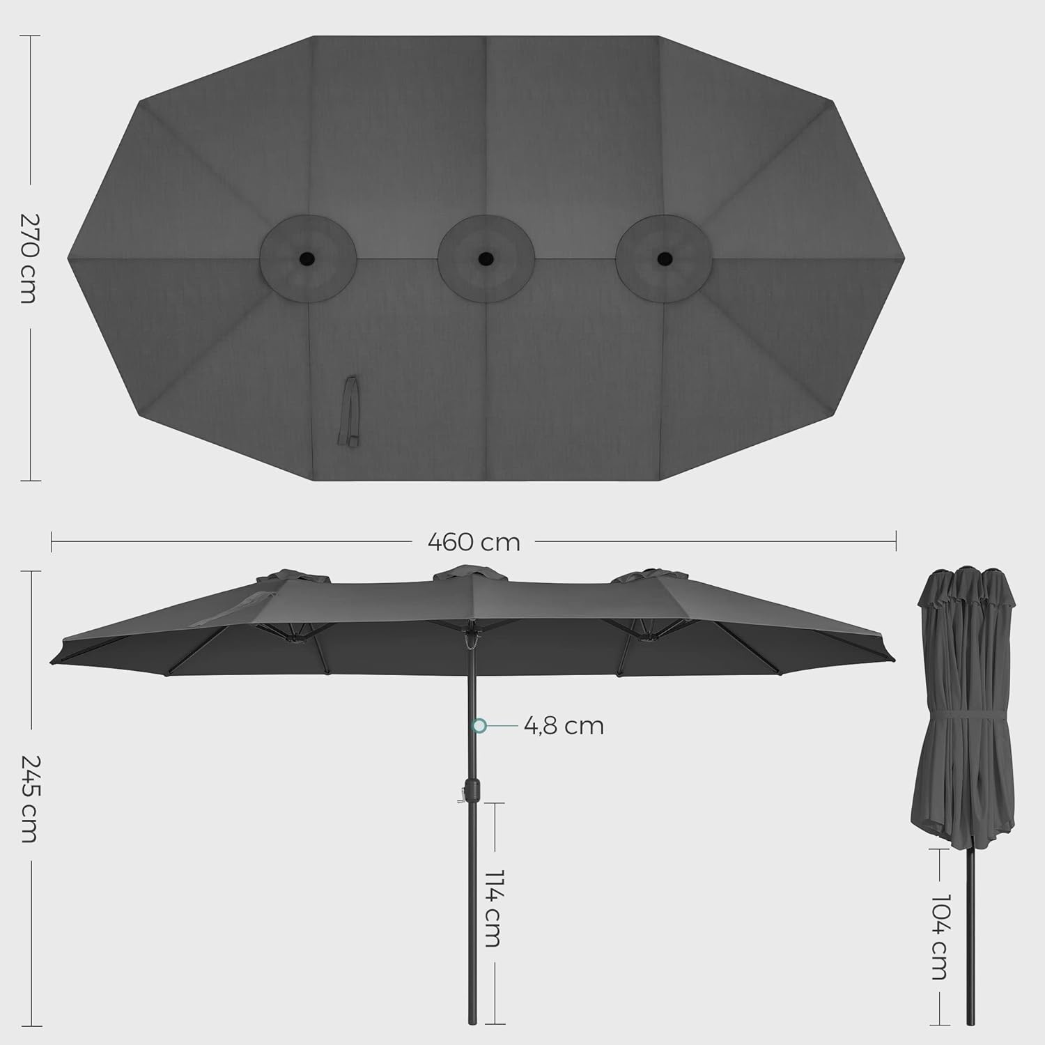 SONGMICS Umbrela de gradina dubla, cu manivela, 460 x 270 cm, gri