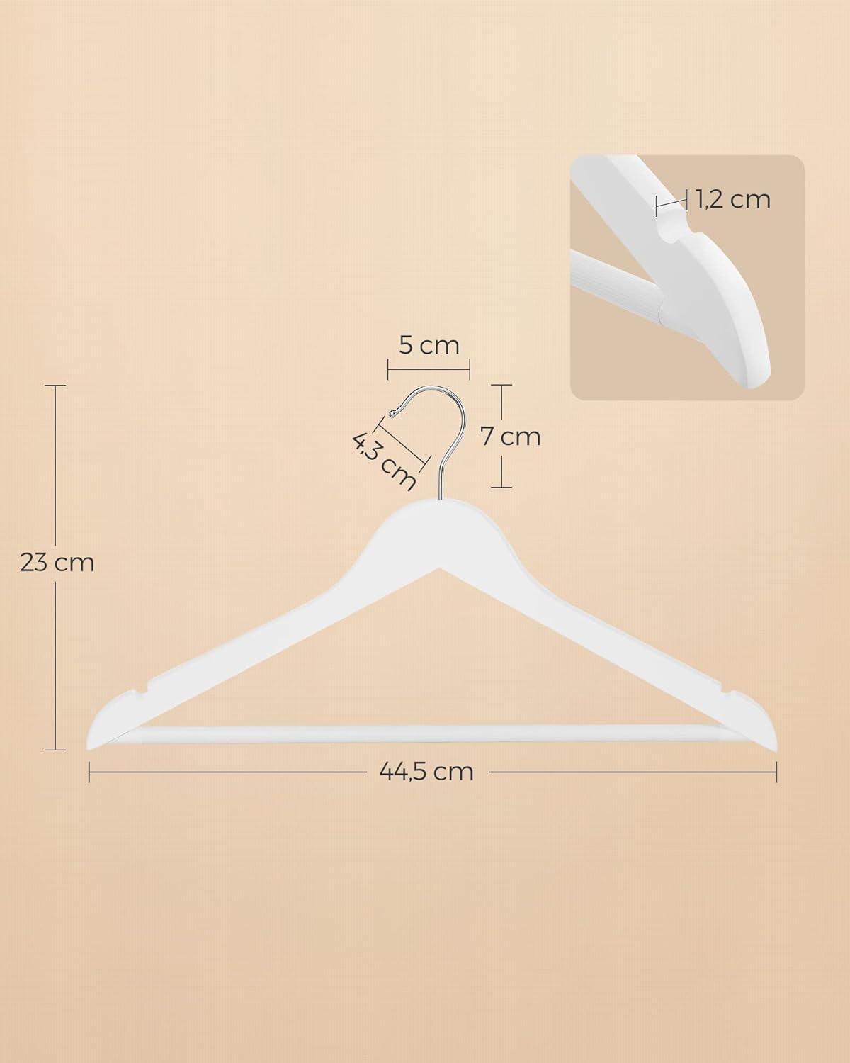 SONGMICS Set de 50 umerase din lemn, cu bara anti-alunecare pentru pantaloni, carlig pivotant la 360°, 45cm, alb