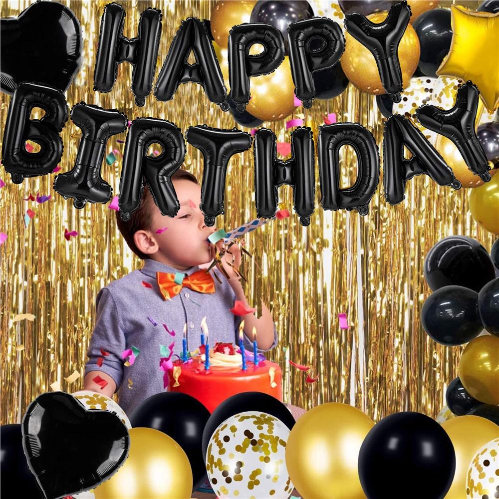 Set 46 baloane si decoratiuni, Happy Birthday, incluse fata de masa si perdea negru auriu