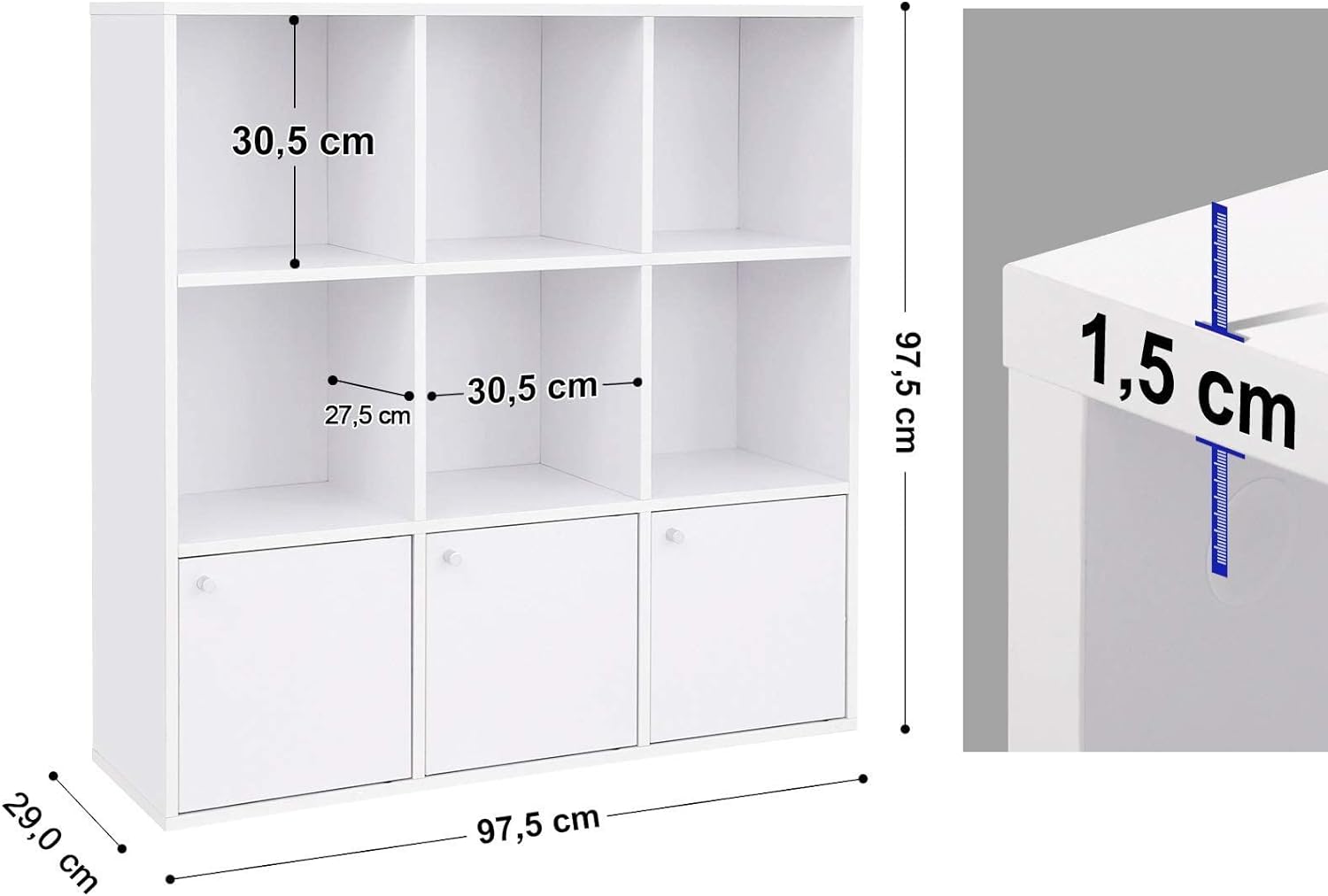 VASAGLE Biblioteca din lemn, cu 9 cuburi, 3 dulapuri inferioare, 98x98x29cm, alb