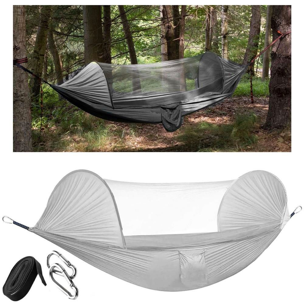 Hamac dublu din material parasuta 140x260cm, cu plasa de tantari si geanta transport, gri
