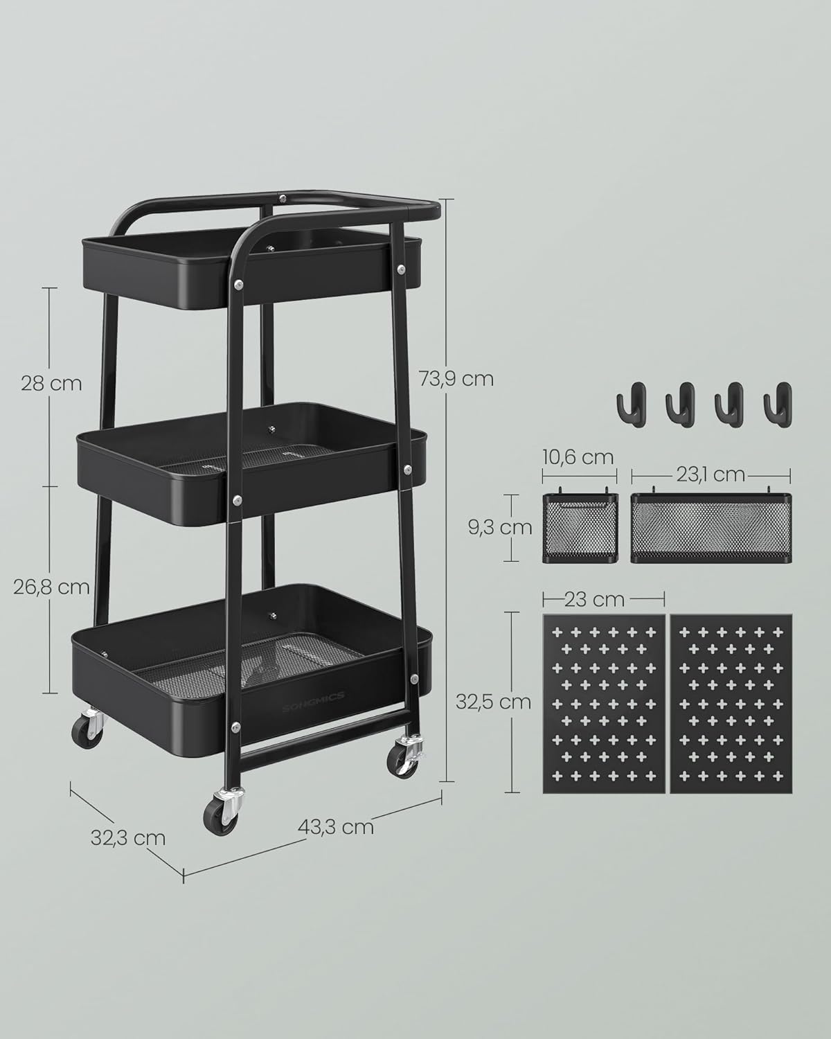 SONGMICS Raft de depozitare mobil tip carucior rulant, pentru baie sau bucatarie, cadru otel, 32x43x74 cm, negru