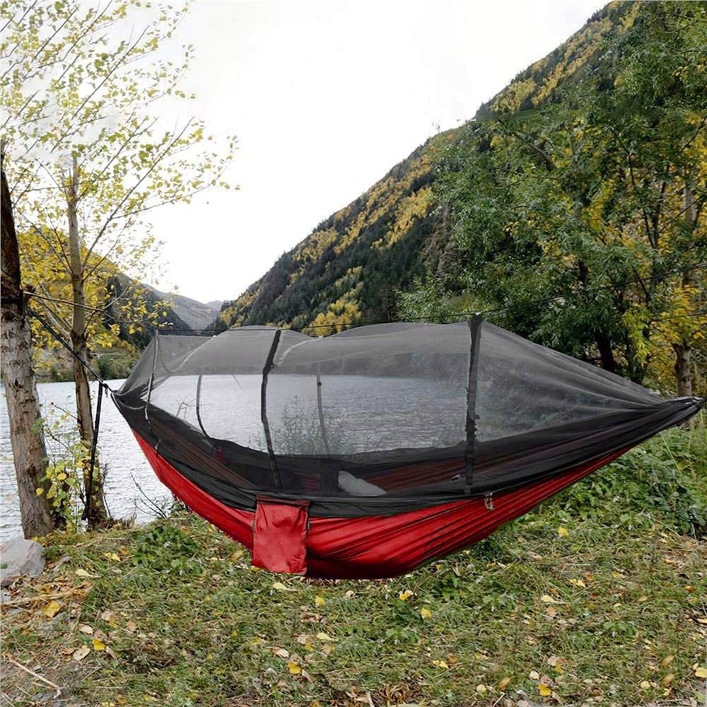 Hamac dublu din material parasuta 140x260cm, cu plasa de tantari, 250kg, rosu negru