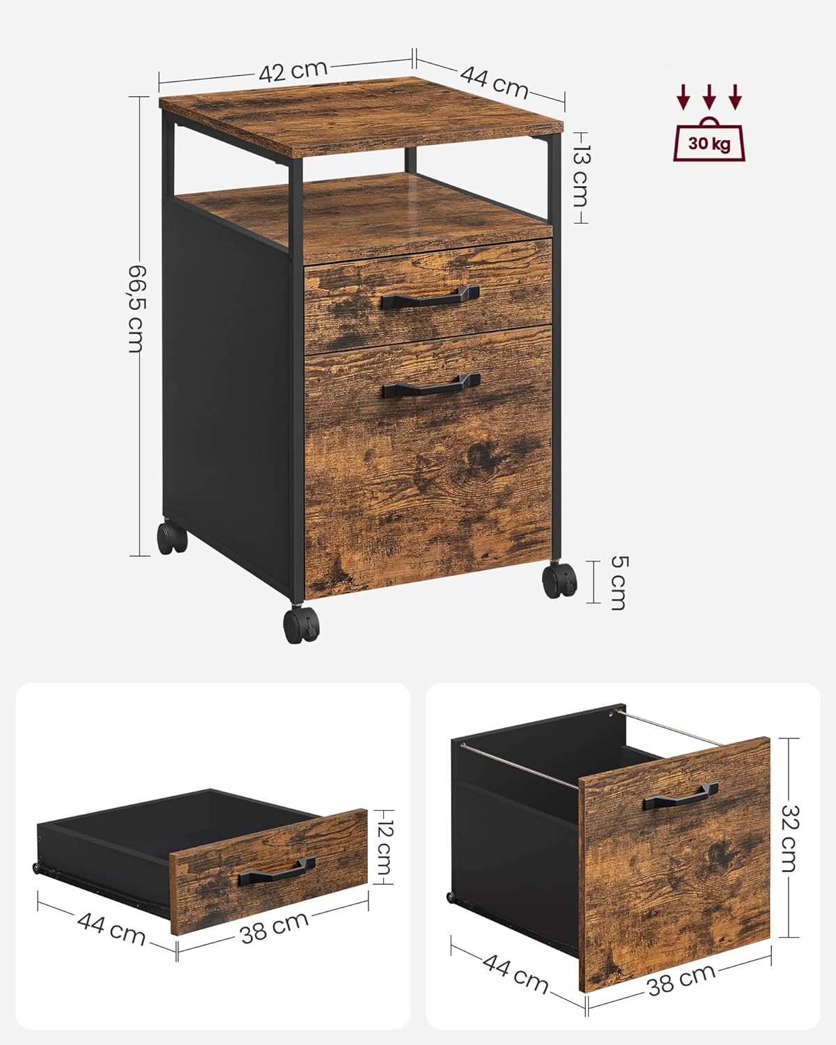 VASAGLE Dulap mobil tip rollbox pentru birouri, cu 2 sertare, stil industrial, 44x42x67cm, maro rustic
