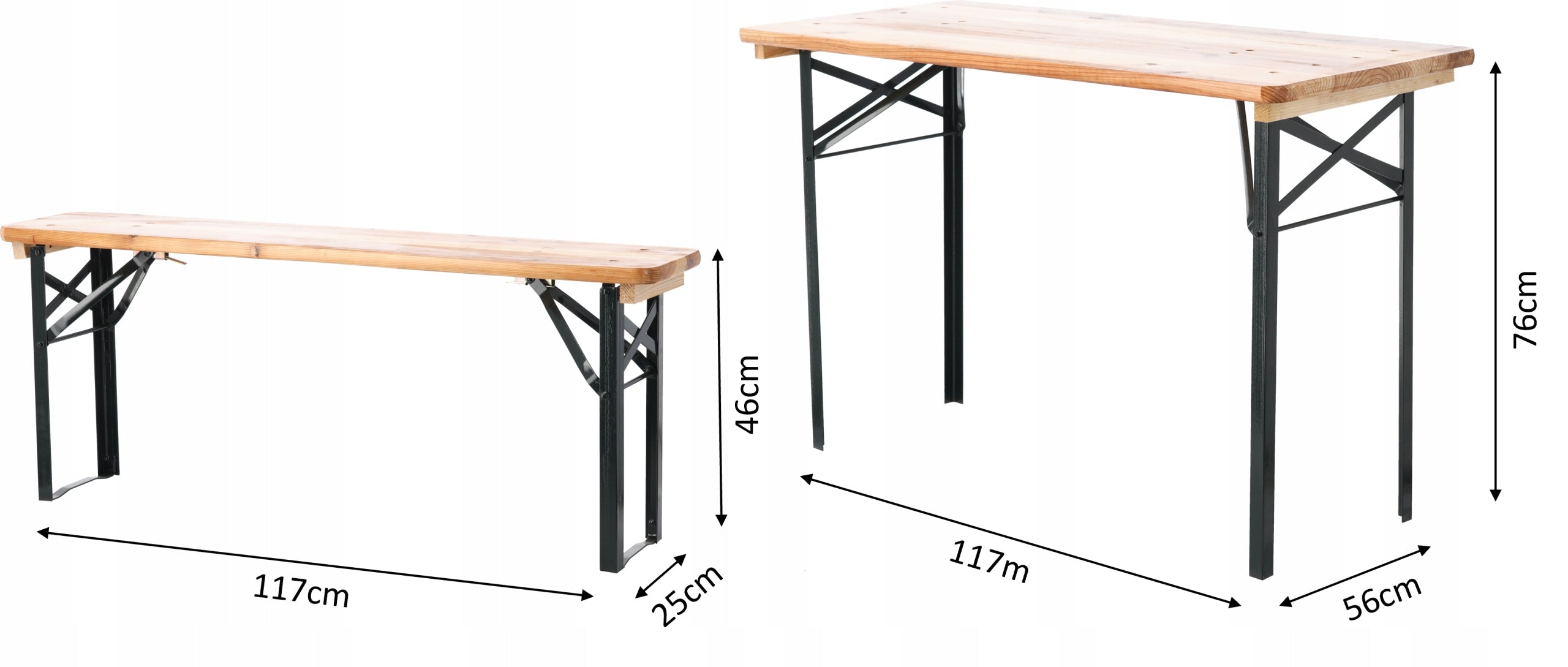 Set berarie din lemn masiv, plabil, pentru terasa sau gradina, o masa si doua banci, 117x56cm, natur