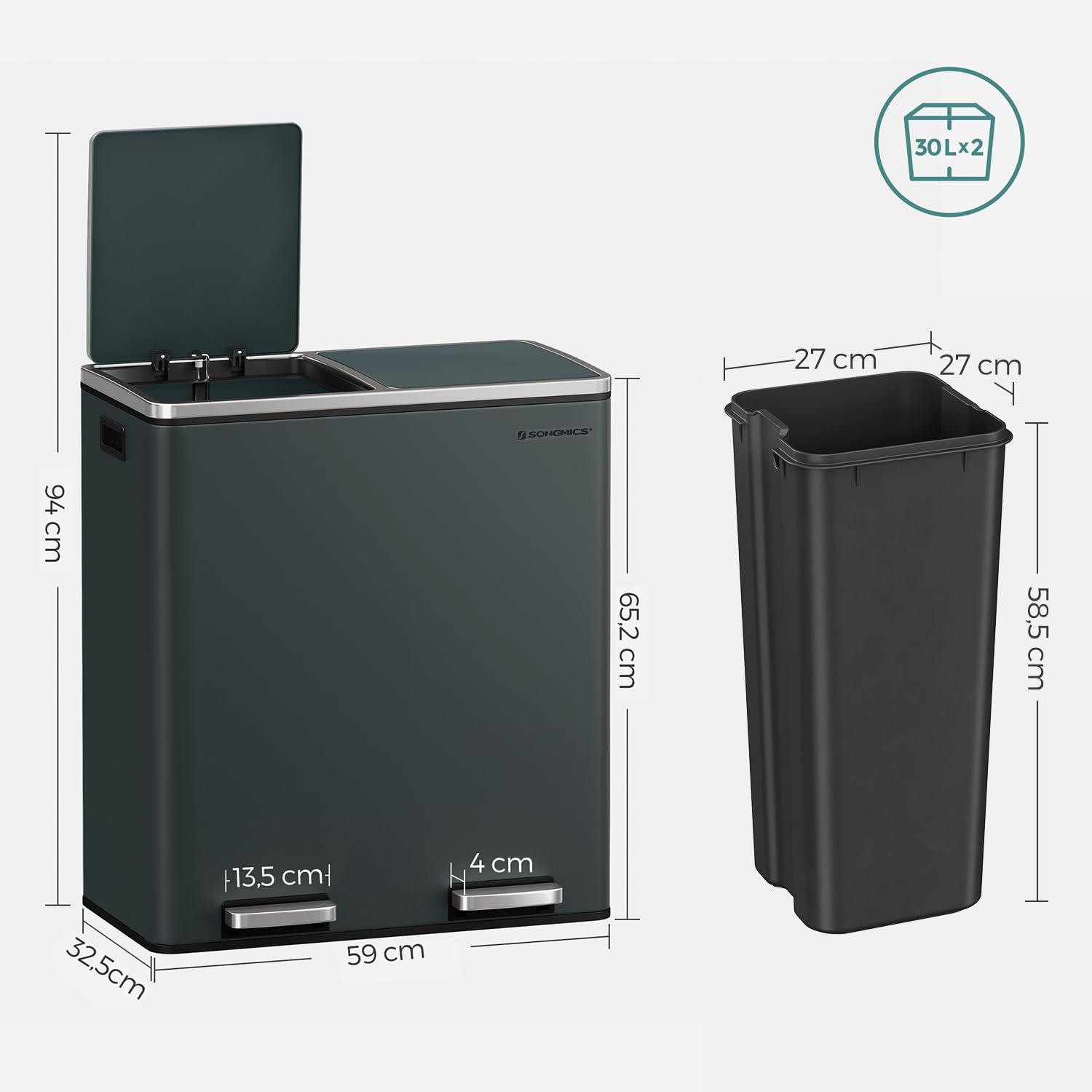 SONGMICS Cos de gunoi din inox cu 2 compartimente colectare selectiva, cu galeti interioare, 2x30litri, gri inchis