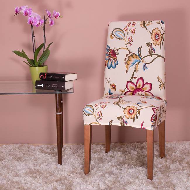 Husa universala pentru scaun, marime universala, poliester si spandex, 45 x 60 cm, bej floral