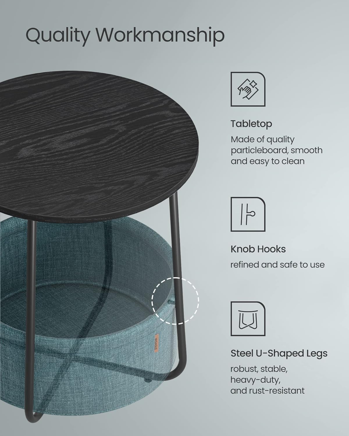 VASAGLE Masuta de cafea rotunda cu cos de stofa, stil modern, 45x50cm, negru cu turcoaz inchis