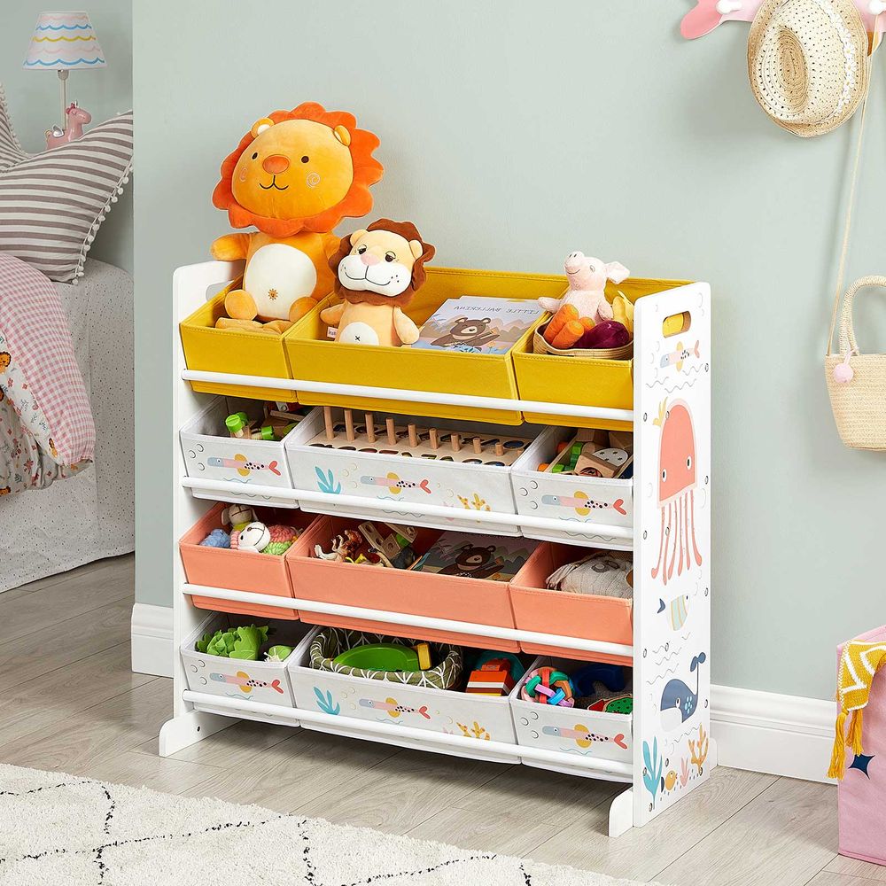 SONGMICS Raft de depozitare jucarii, 12 cutii detasabile din tesatura, 83x38x78cm, alb