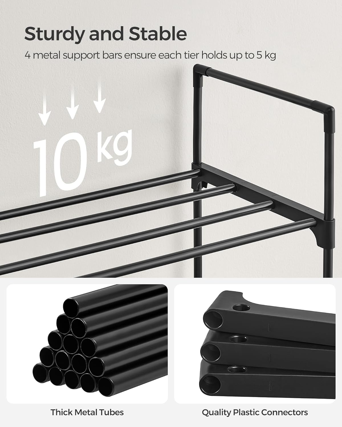 SONGMICS Suport pentru pantofi cu 3 nivele, structura metalica, pentru 12-15 perechi, 92x30x55cm, negru