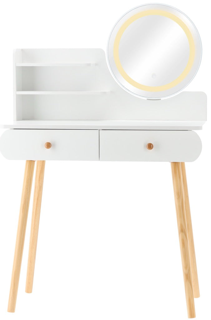 Masa de toaleta si machiaj Siena, iluminare LED, alba, cu 2 sertare, oglinda, 80x40x120 cm