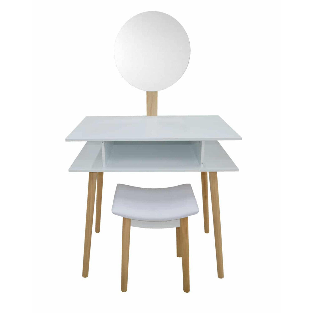 Set Masa de toaleta si machiaj cu taburet Scandinav, alba, cu oglinda, 75x45x130 cm