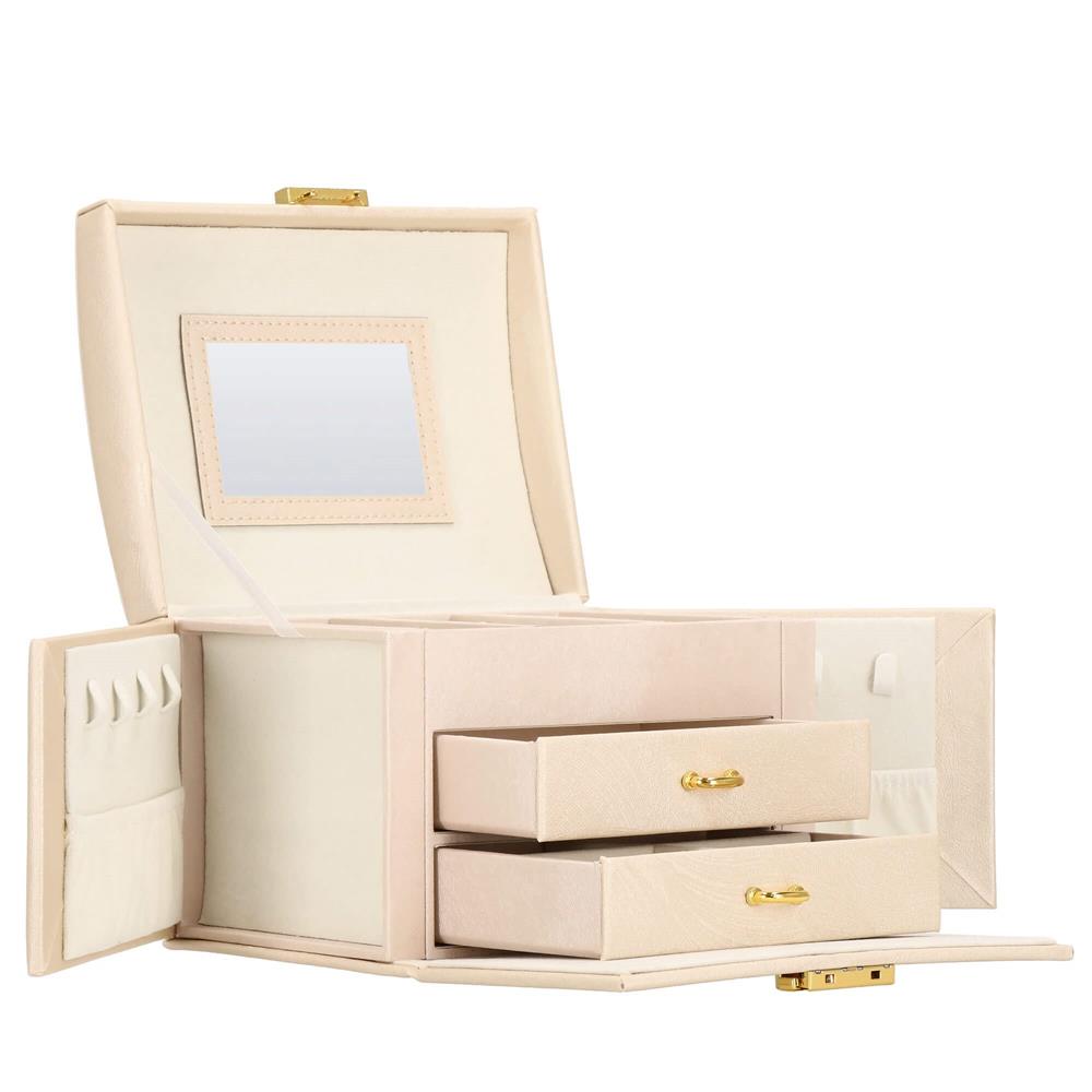 Cutie depozitare si organizare bijuterii, piele ecologica + velur, 18 x 13,5 x 14cm, crem