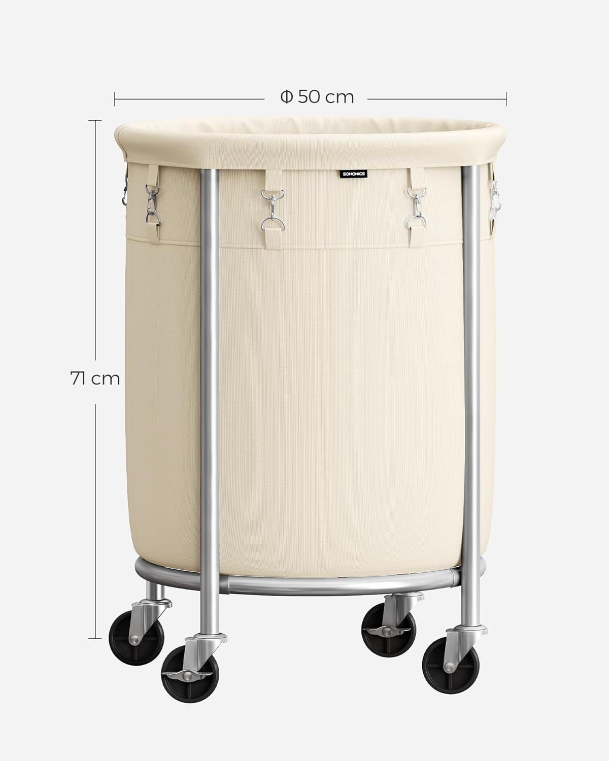 SONGMICS Cos de rufe rotund cu roti, cadru din otel, sac de rufe detasabil, 110 litri, bej